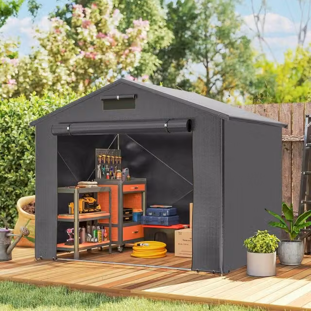 OUTSUNNY Grey Metal Garden Storage Shed with Roll-up Zipper Door – 1