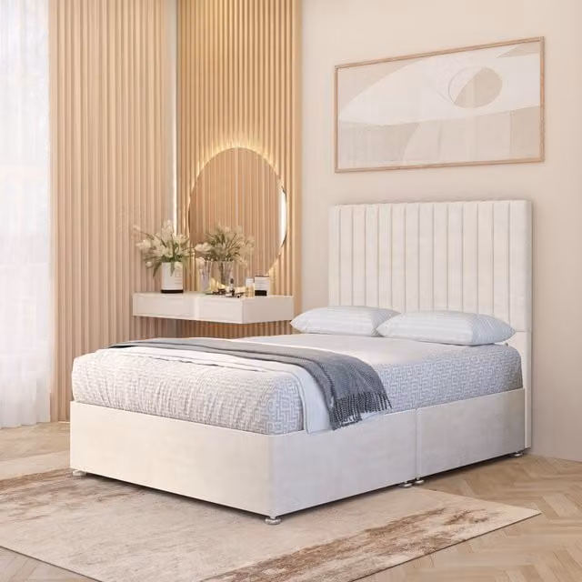 Somnior Beds Ltd Verona Velvet Hybrid Orthopaedic Pocket Spring Divan Bed Set with Drawers and Headboard, White/Yellow, W/D/H: 140 x 200 x 30 cm
