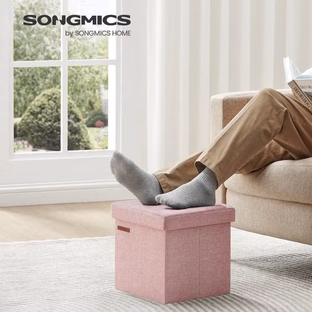SONGMICS Foldable Storage Ottoman Footstool in Pink