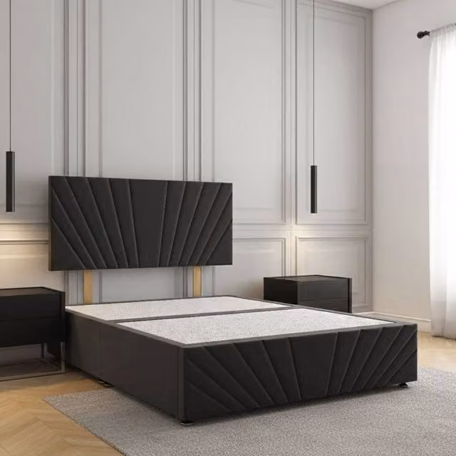 Regional Furnishings Luxury Velvet Divan Bed with 24 inch Headboard and Footboard in Black, Small Double, W/D/H: 120 x 200 cm
