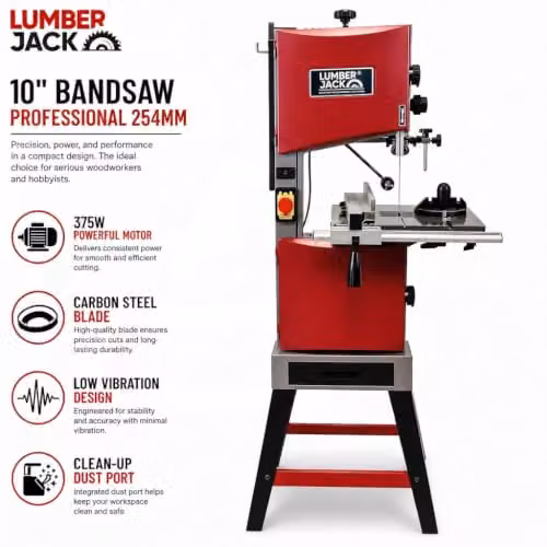 Lumberjack 10 inch Professional Benchtop Bandsaw with Cast Iron Table in Red, 375W Induction Motor, 230V – 4