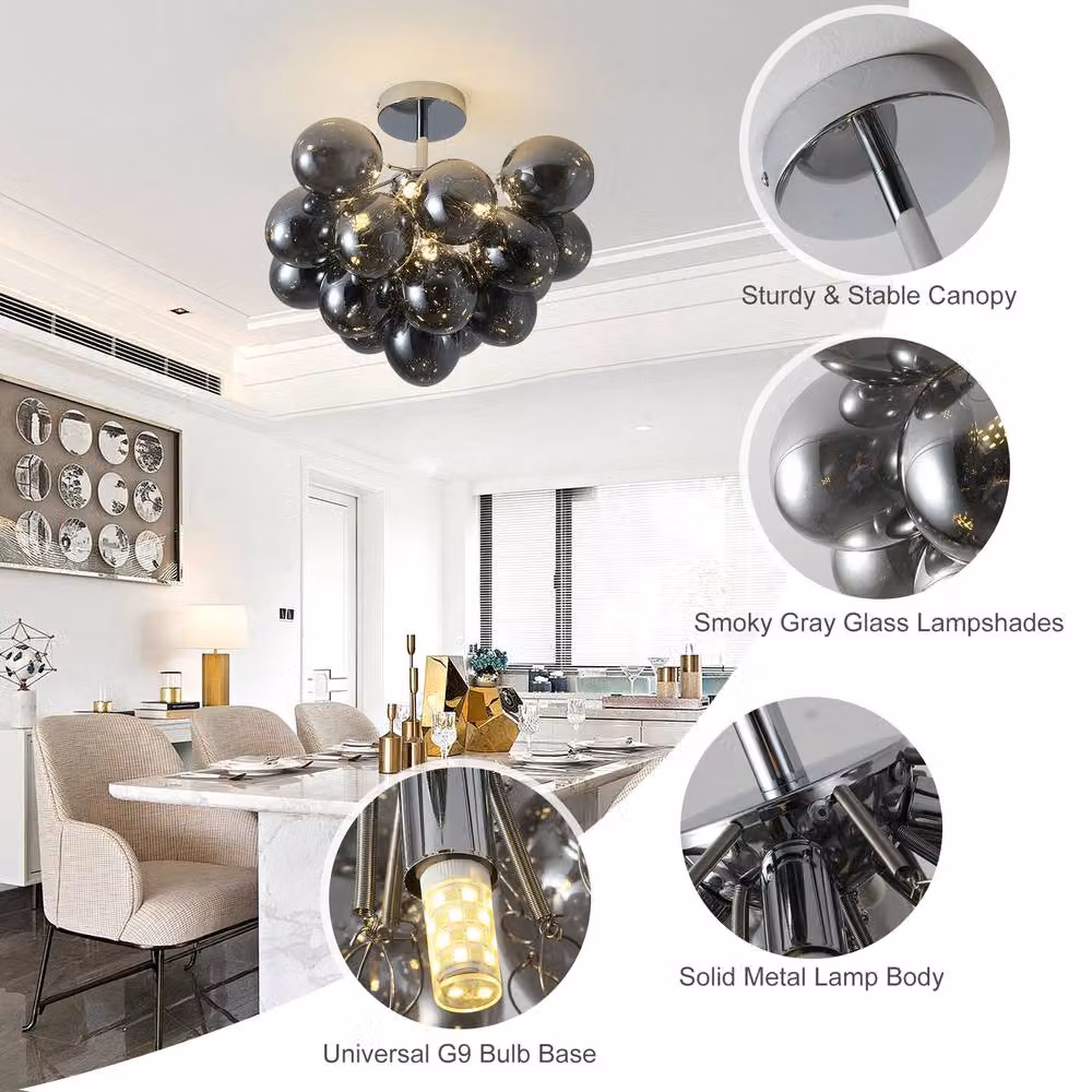 NIVOR 4 Light Sputnik Glass Bubble Pendant Chandelier in Pale Grey with Transparent Spheres and Adjustable Height – 7