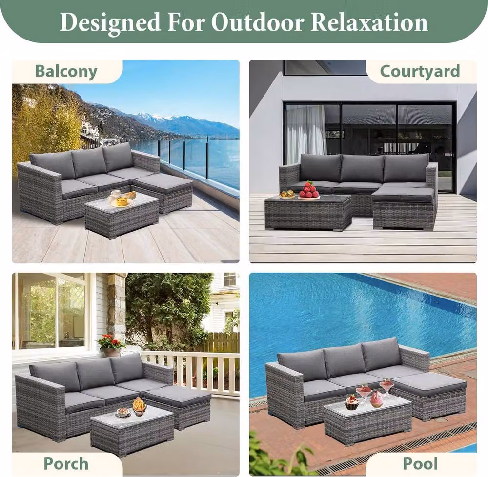 Lishetimig 3-Piece Grey Polyrattan Garden Corner Sofa Set with Upholstered Cushions and Glass Coffee Table – 7