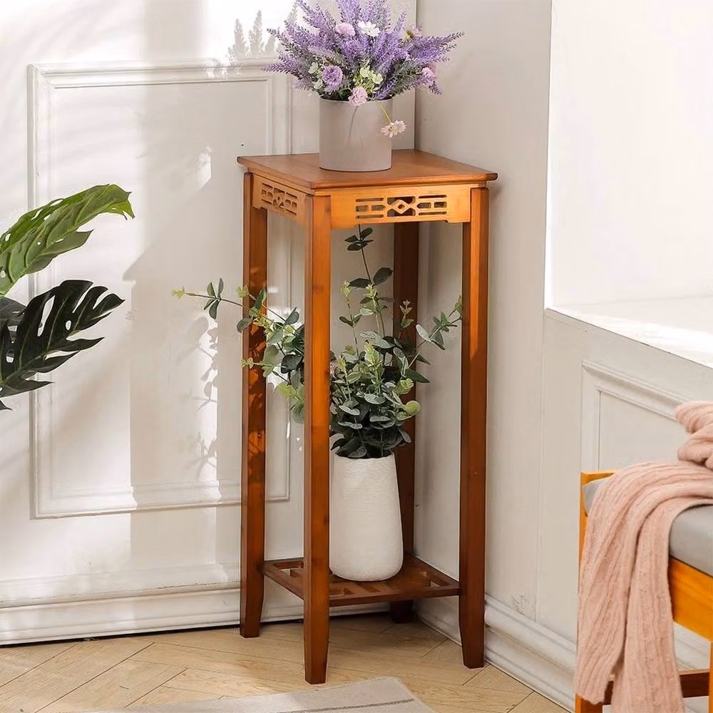FLAVORA Mid Century 2 Tier Bamboo Plant Stand in Natural Wood – 3