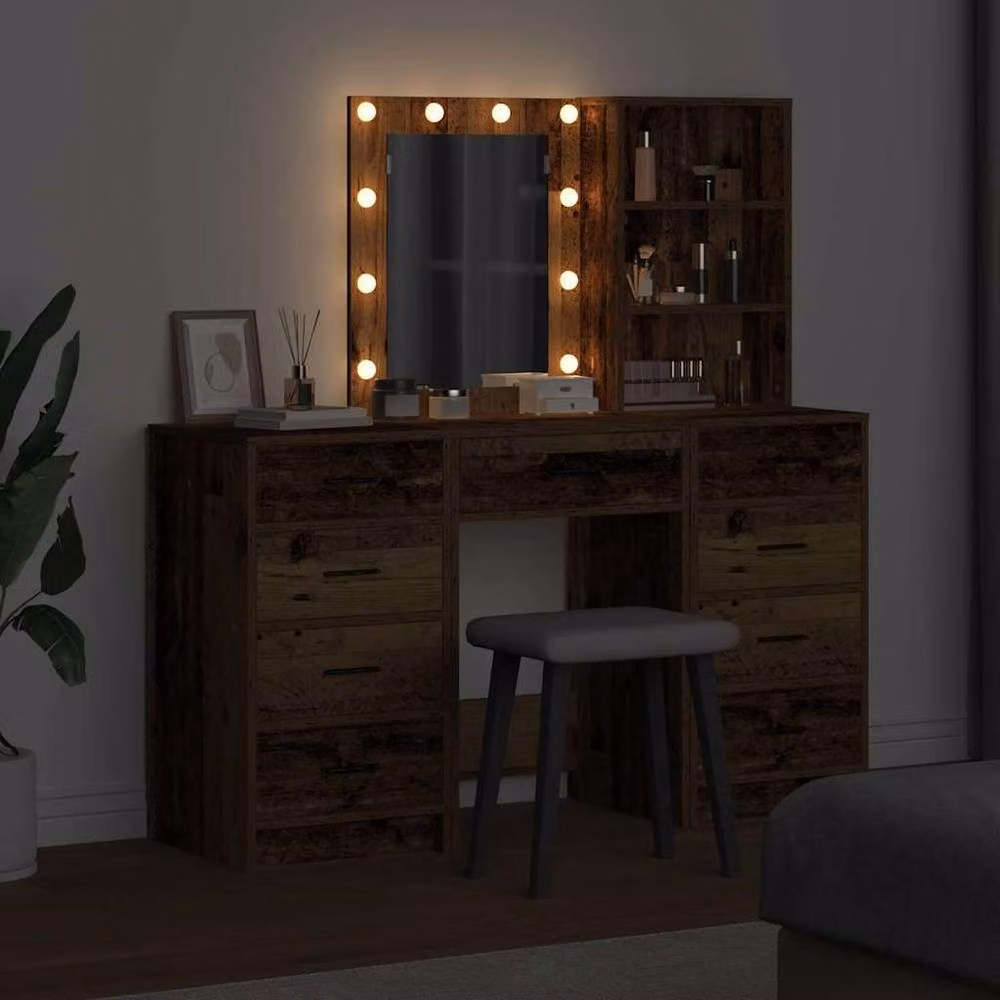 Berkfield Home Traditional 3-Piece Dressing Table Set with Hollywood LED in Brown Old Wood Finish – 3