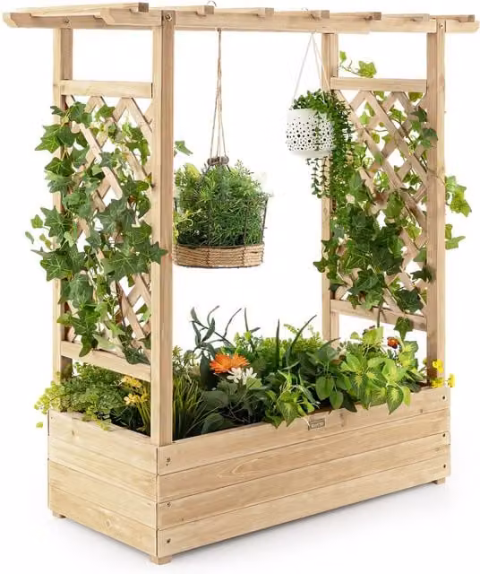 Costway Natural Wooden Raised Garden Bed and Vertical Plant Container for Climbing Plants, W: 44 cm, D: 44 cm, H: 113 cm