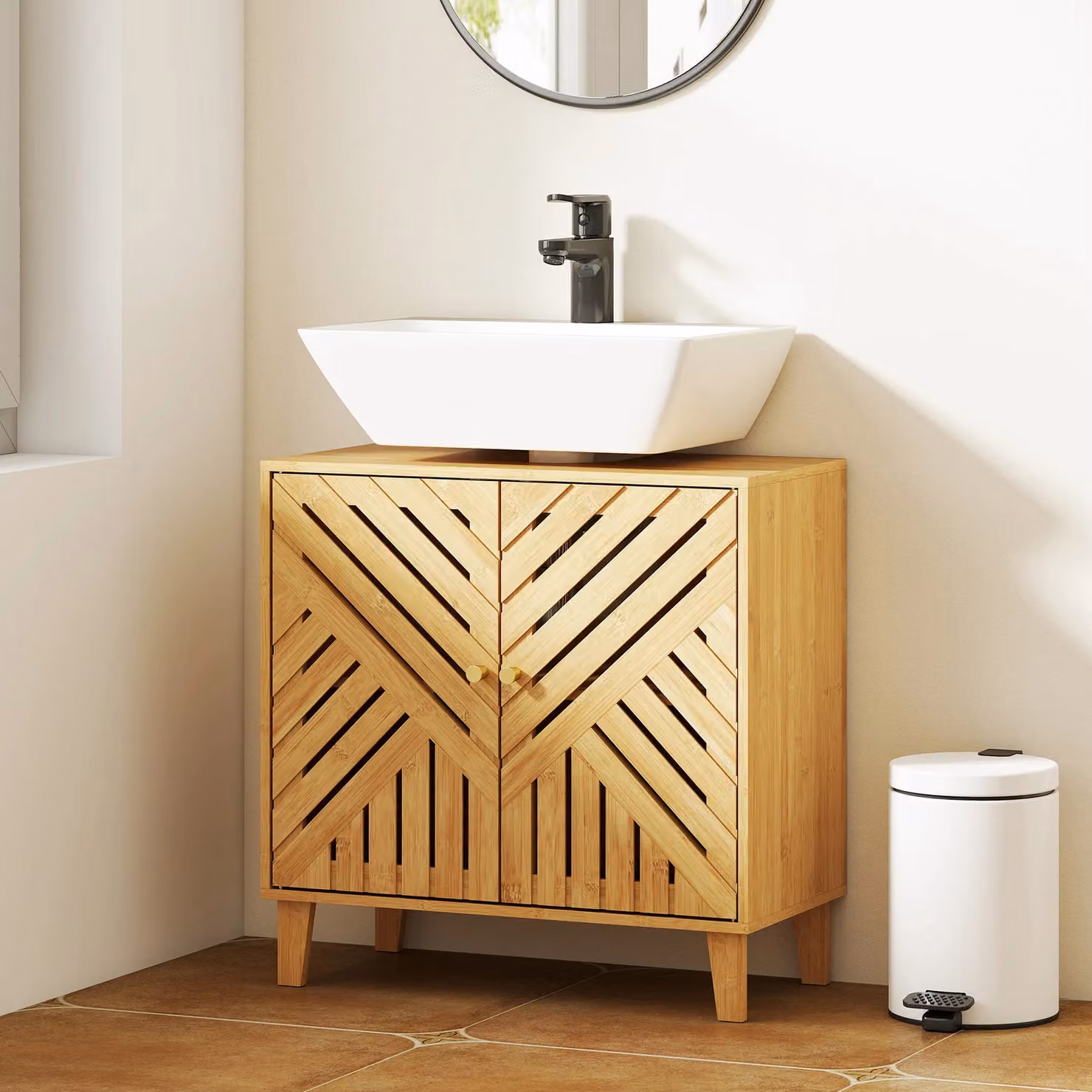 HOMCOM Bamboo Bathroom Under Sink Cabinet with Adjustable Shelf in Natural Wood – 2