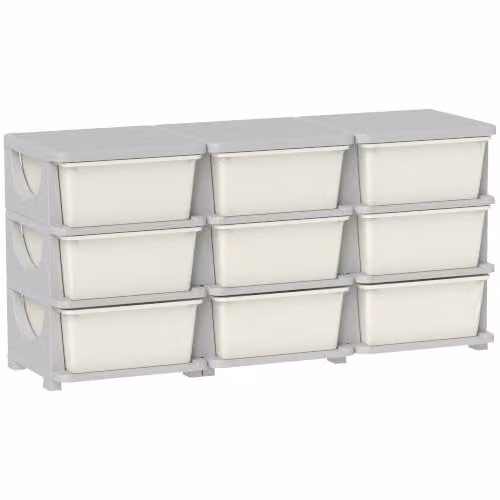 HOMCOM 3-Tier Plastic Kids Toy Storage Unit with 9 Drawers in Cream
