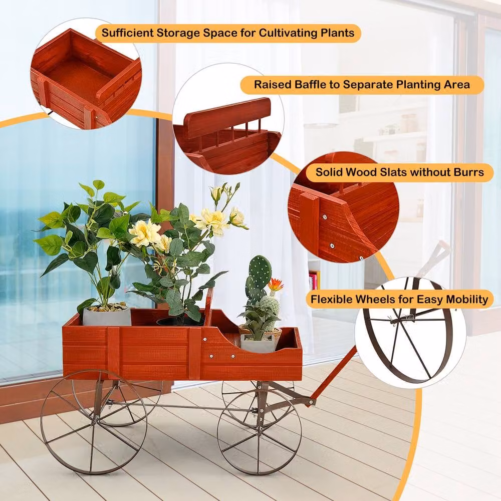Costway Garden Wagon Planter with 2 Planting Sections in Red – 7