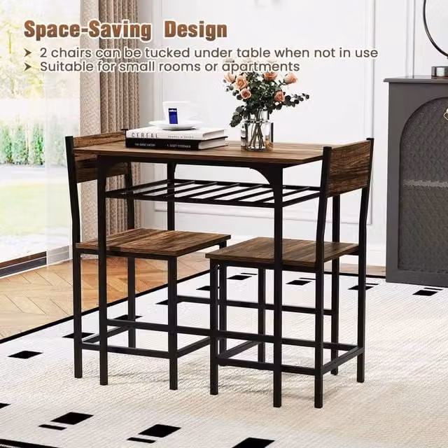 KORVIXA 3-Piece Industrial Wood and Metal Rectangular Dining Table and Chair Set in Brown, Width: 100 cm