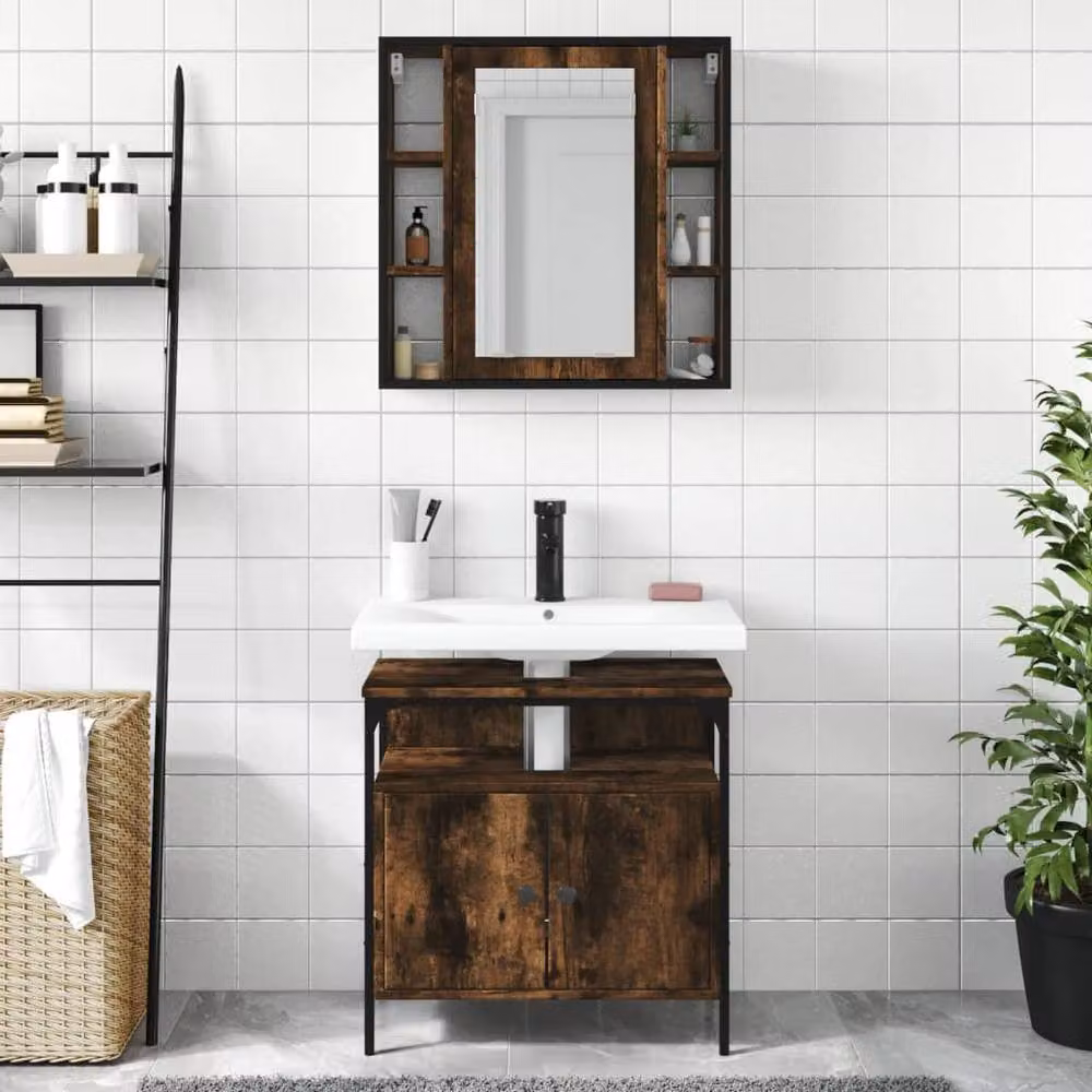 Berkfield Home 2 Piece Brown Smoked Oak Bathroom Furniture Set with Mirror Cabinet and Vanity Unit – 3