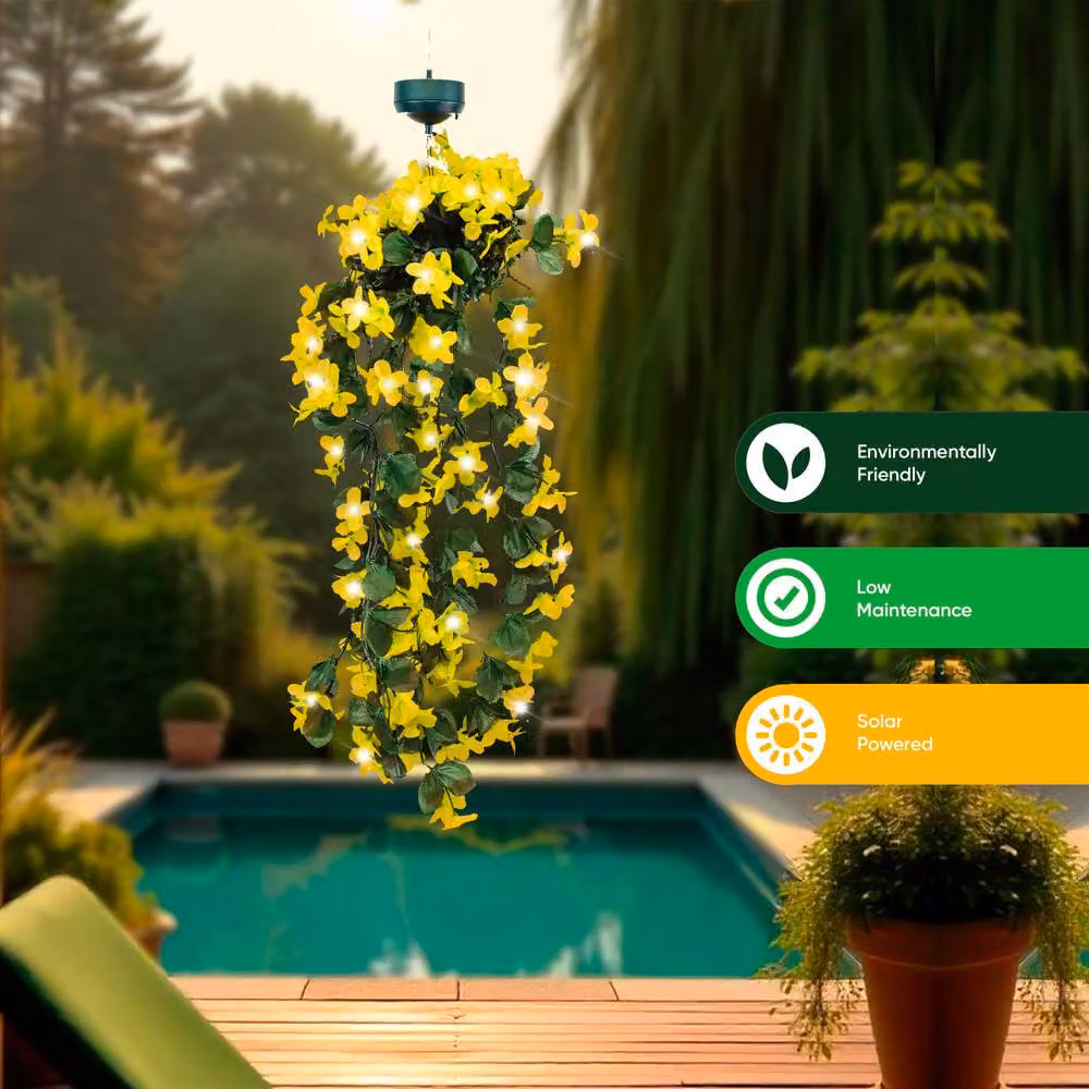 Gardenwize Solar Powered LED Hanging Primrose Flower Lights in Yellow with 30 LEDs and IP44 Waterproof Rating – 3
