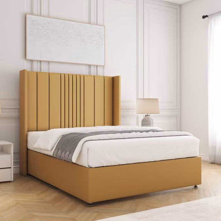 BSSPOKE Charlotte King Size Divan Bed Set with 54 inch Headboard and Mattress in Mustard Yellow Plush Velvet