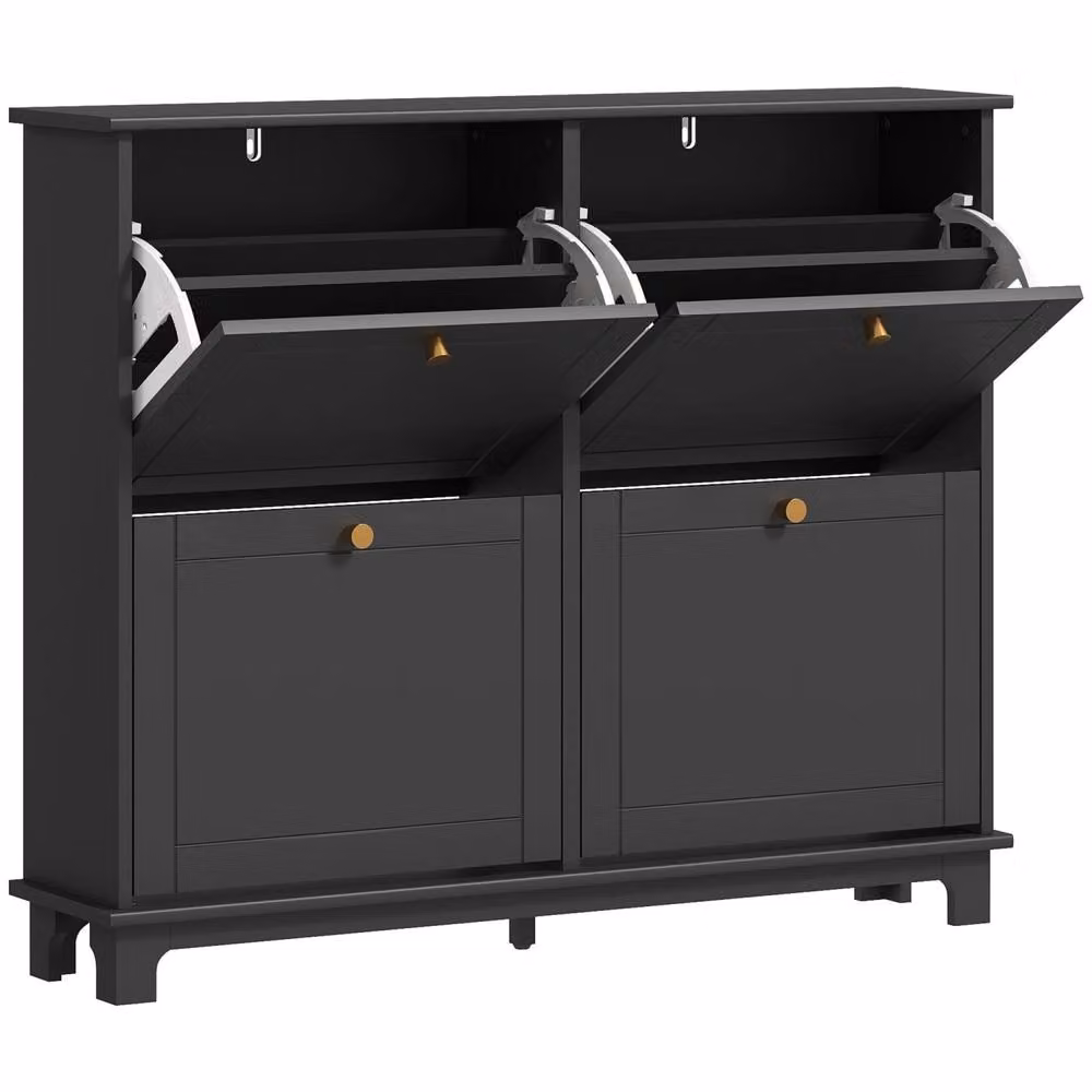 Wyld Haus Serodo Black Slim Shoe Cabinet with 4 Tilting Compartments and Gold Accents, Fits up to 16 Pairs – 2