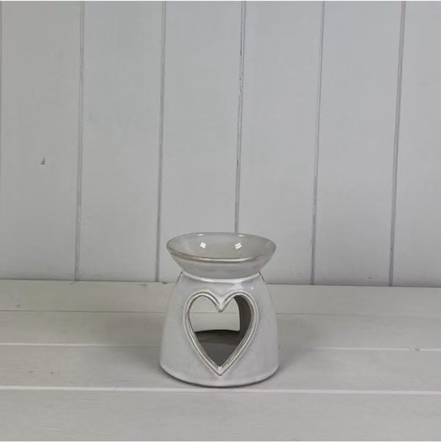 KDMD Glazed Ceramic Wax Oil Burner with Heart Cut Out and Textured Detail in Light Grey