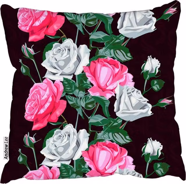 Andrew Lee Floral Pattern Cushion in Black, Pink and White, W/D/H: 60 x 60 x 1 cm