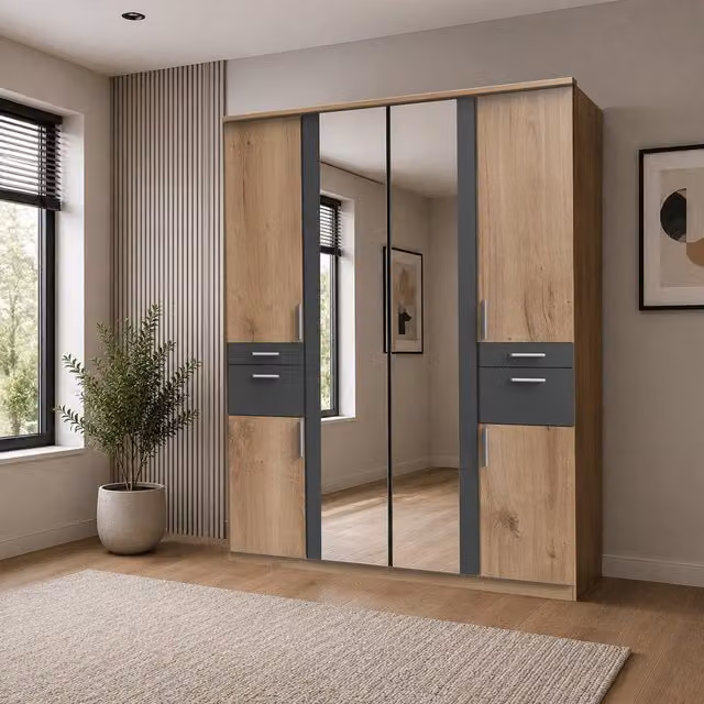 Koblenz 4 Door Wardrobe in Planked Oak and Graphite with Mirror, W: 180 cm