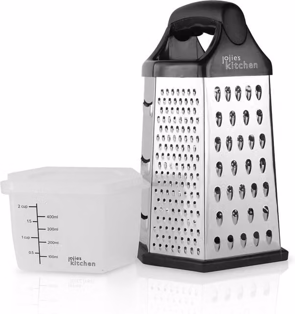 Joejis 6-Sided Stainless Steel Box Grater with Storage Container in Black and Silver