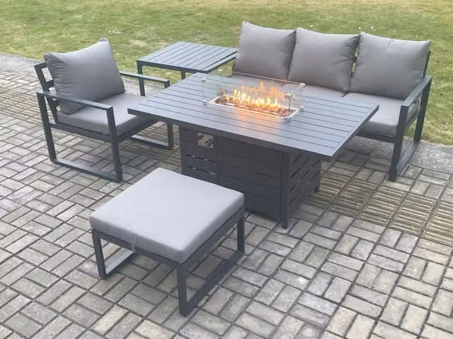 Fimous 5 Piece Aluminium Garden Furniture Set with Gas Fire Pit Dining Table, Side Table, Footstool and Cushions in Dark Grey