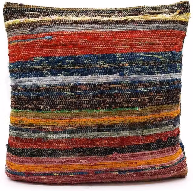 Four Candle Rag Rug Cushion Covers in Green and Multicolour, W/D/H: 45 x 45 x 4 cm