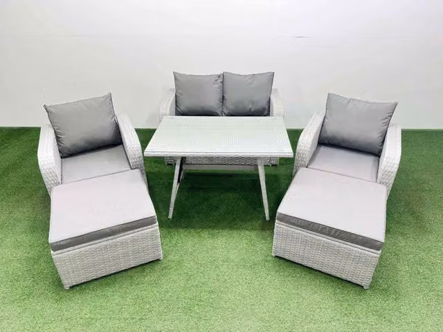 Fimous PE Wicker Rattan Garden Furniture Set with Reclining Chairs and Love Sofas in Light Grey