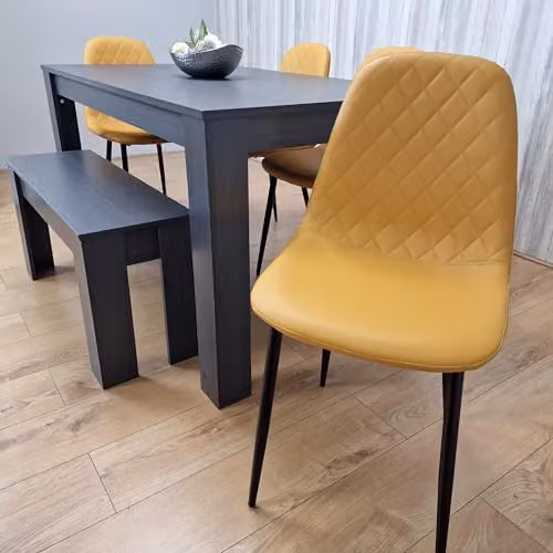 KOSY KOALA Grey Rectangular Dining Table with 4 Yellow Diamond Stitched Chairs and 1 Bench – 2