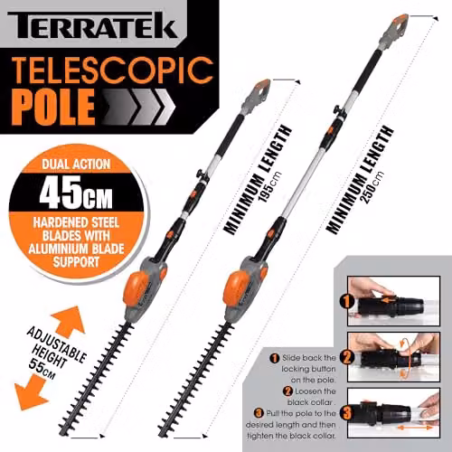 Terratek 550W Electric Long Reach Reciprocating Hedge Trimmer with 45cm Blade in Grey and Orange – 3