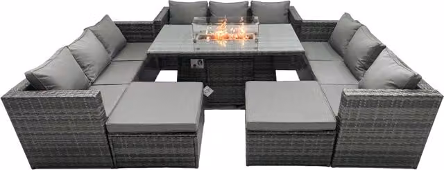 Fimous 11 Seater Rattan Garden Furniture Firepit Set with Glass Top Dining Table in Dark Grey – 1