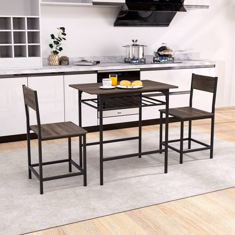 Costway 3-Piece Retro Dining Table and Chair Set, Grey Rectangular Wood Table with Metal Frame for 2 Adults – 3