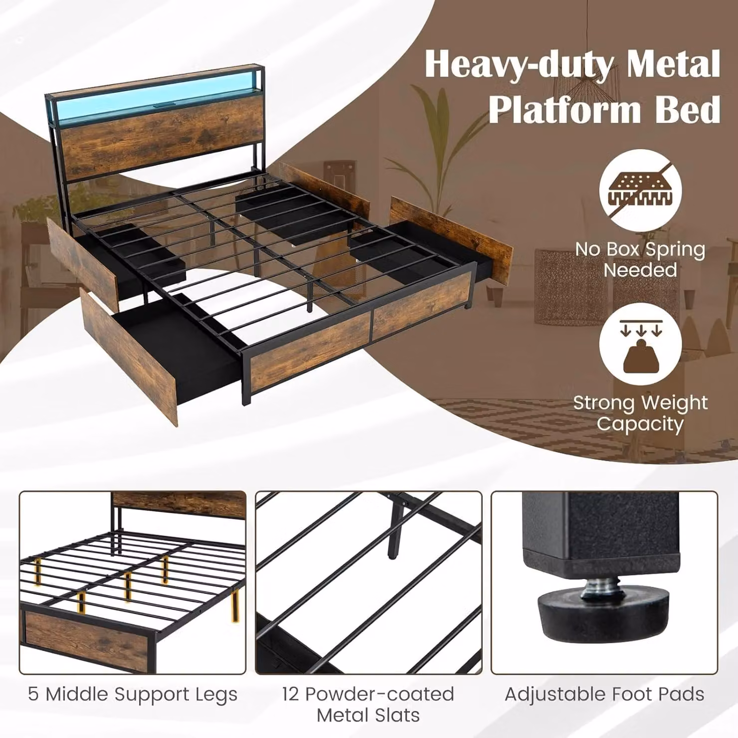 Gymax King Size Metal Bed Frame in Brown with LED Lights, USB Charging Port, Bedside Shelf and Drawers, 180 x 200 cm – 4