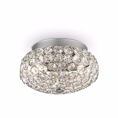 Netlighting King 3 Light Small Flush Ceiling Lamp in Chrome and Grey with Crystal Details and G9 Bulbs