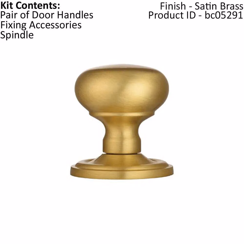 Loops Pair Mushroom Mortice Door Knobs with Concealed Rose in Satin Brass, 59mm Diameter – 2