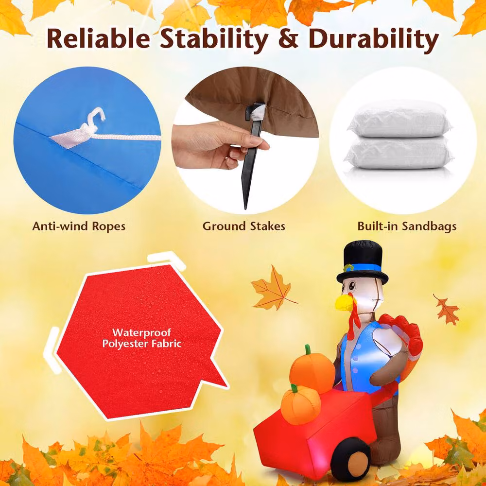 Costway 6ft Multicolour Inflatable Thanksgiving Turkey with Pumpkin Cart and Lights – 5