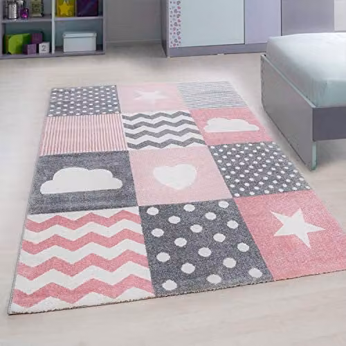 Bravich Checked Pink Kids Rug for Childrens Nurseries and Bedrooms, W: 80 cm, L: 150 cm – 1