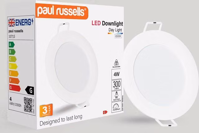 Paul Russells 4W Round Recessed LED Downlight, White, 300lm, 6500K Cool White, IP20