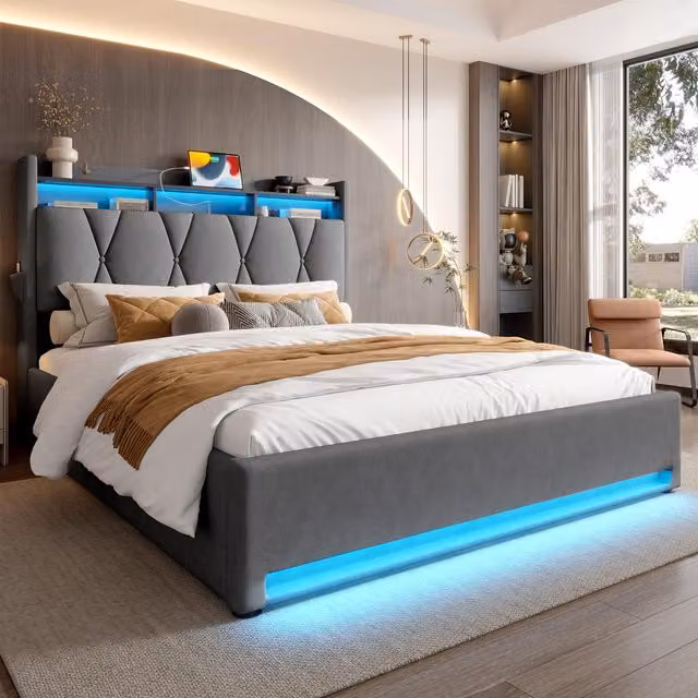 Aosom UK Padded Upholstered Storage Bed Frame with LED Lighting and USB-C Charging, Dark Grey, W: 211 cm, D: 143 cm, H: 116.5 cm