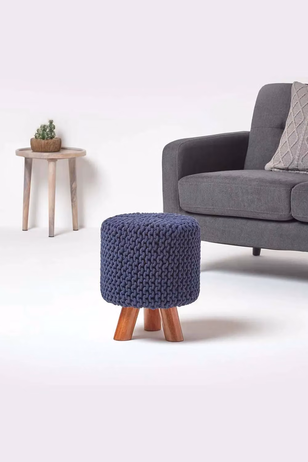 Homescapes Tall Navy Blue Cotton Knitted Footstool with Wood Frame – 2