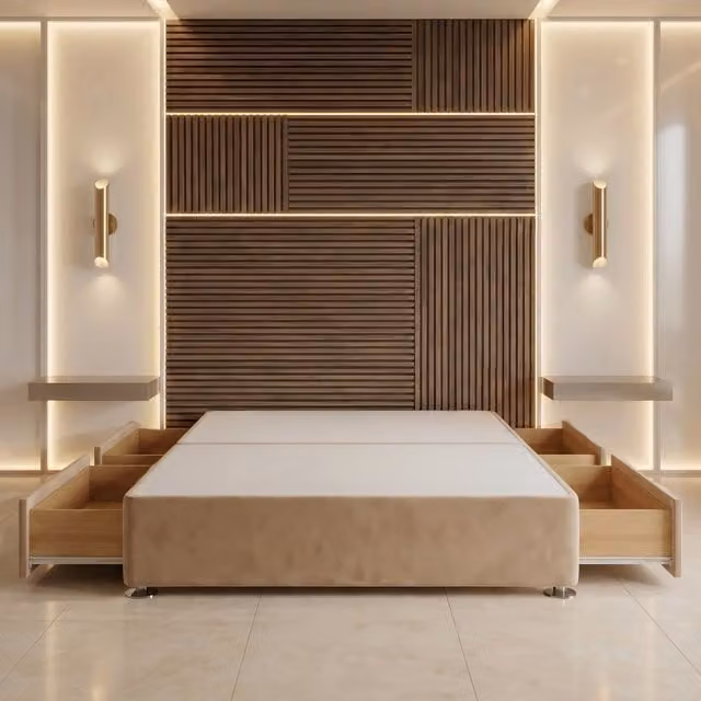 Somnior Beds Ltd Modern Upholstered Divan Bed Base with Drawers in Beige Velvet, W/D/H: 140 x 200 x 34.5 cm
