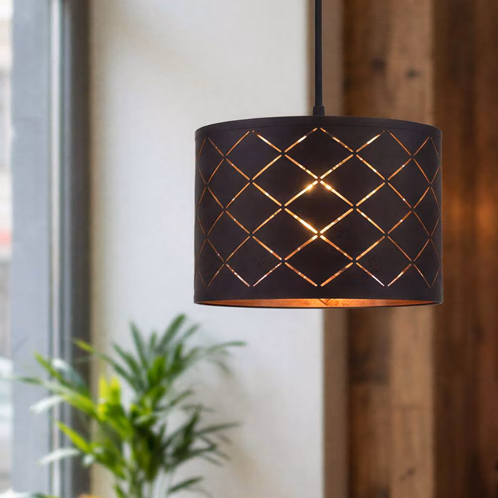 Emitto Modern Drum Pendant Ceiling Light Shade in Black and Gold/Brass, W: 32.0 cm, H: 23.5 cm – 3