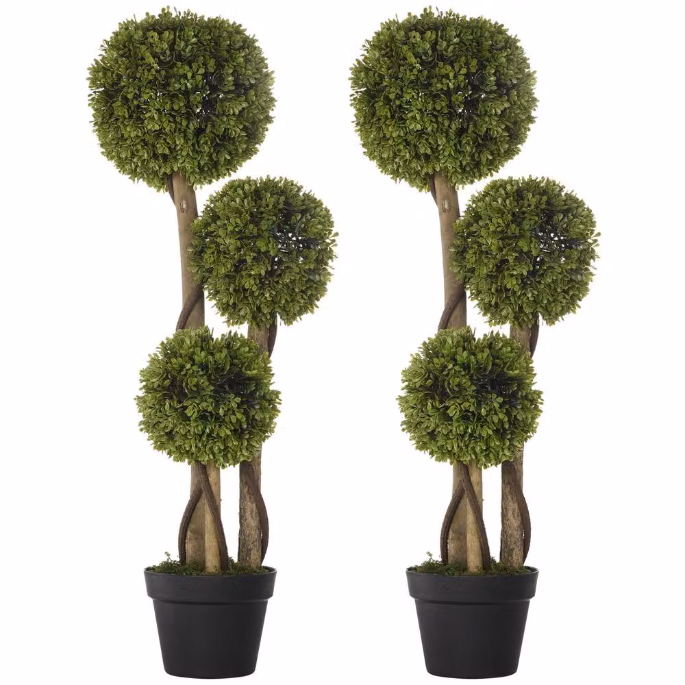 HOMCOM Set of 2 Light Green Round Boxwood Ball Topiary Artificial Potted Trees – 2