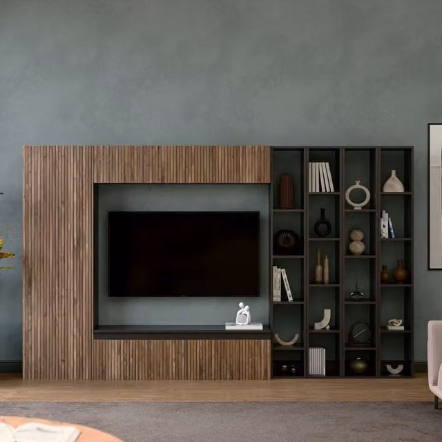Decorotika Napoli Wall Mounted Entertainment Center in Black and Brown with Geometric Alina Pattern