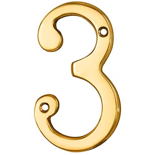 Loops Polished Brass House Numeral Plaque, Gold, Height: 75 mm, Depth: 4.2 mm