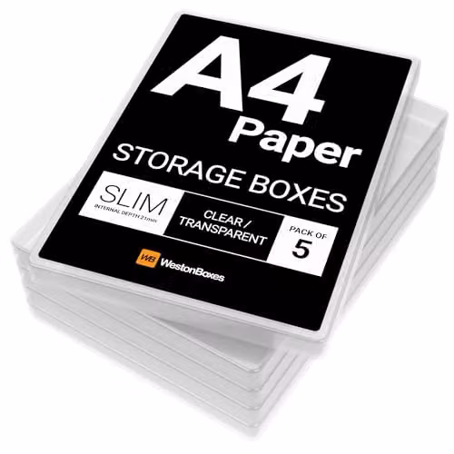 WestonBoxes A4 Slim Plastic Presentation and Storage Boxes with Lid, Transparent, Pack of 5 – 2