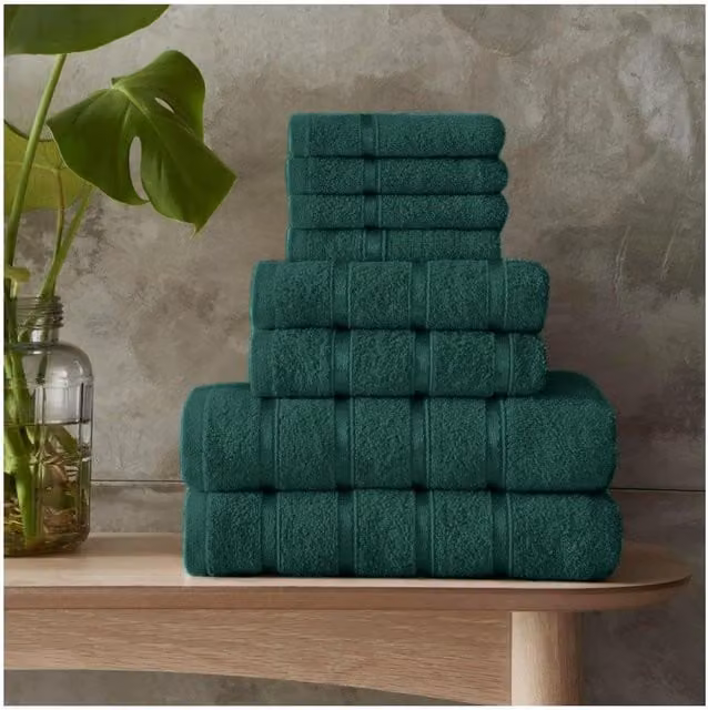 Gaveno Cavailia 8 Piece Cotton Towel Set in Green, 450 GSM Quick Dry Absorbent Towels including 4 Face Towels, 2 Hand Towels and 2 Bath Towels – 1