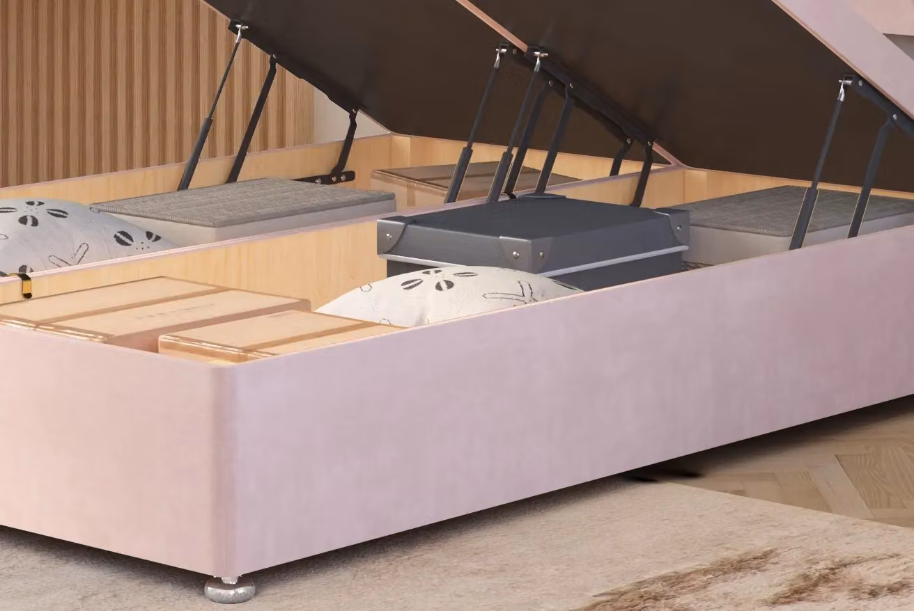 Somnior Ziggy Pink Plush Velvet Ottoman Bed Base with Floor Standing Chesterfield Headboard, W/D/H: 200 x 200 cm – 2