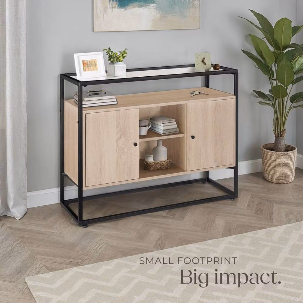 tectake Oldham Sideboard in Light Oak with Glass Top, Open Shelves and 2 Storage Compartments – 5