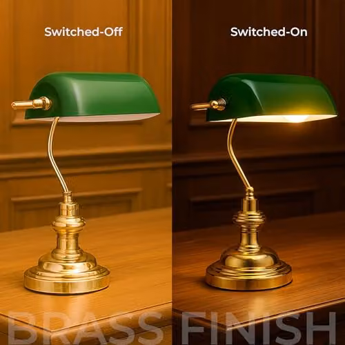 Innoteck Classic Bankers Table Lamp with Green Glass and Brass Finish, H 40 cm x W 19 cm x D 19 cm – 3