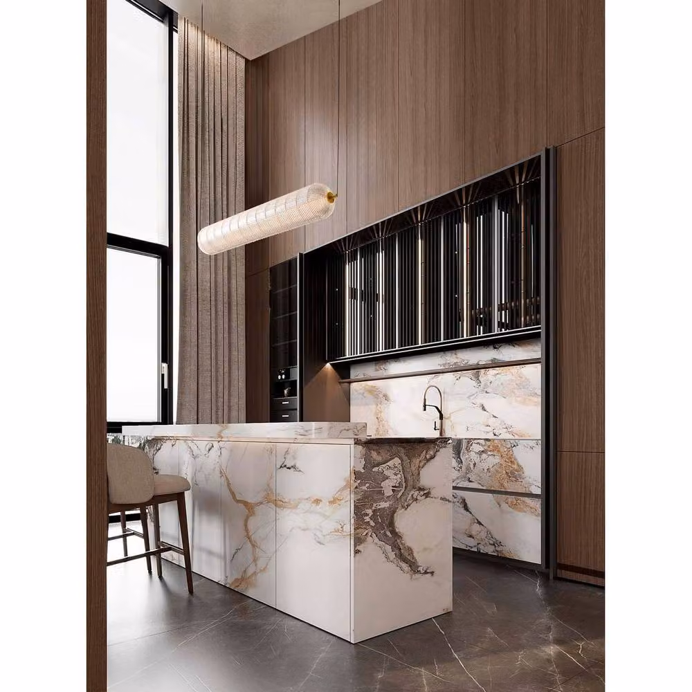 Netlighting Klelia Bar Pendant Light in Gold/Brass with Transparent Acrylic, Dimmable LED, 40W, 3384lm, 3000K – 2
