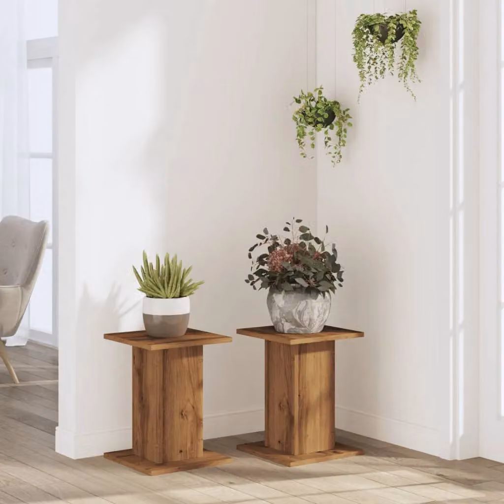 Berkfield Home Set of 2 Artisan Oak Plant Stands in Brown, W/D/H: 30 x 30 x 40 cm – 3