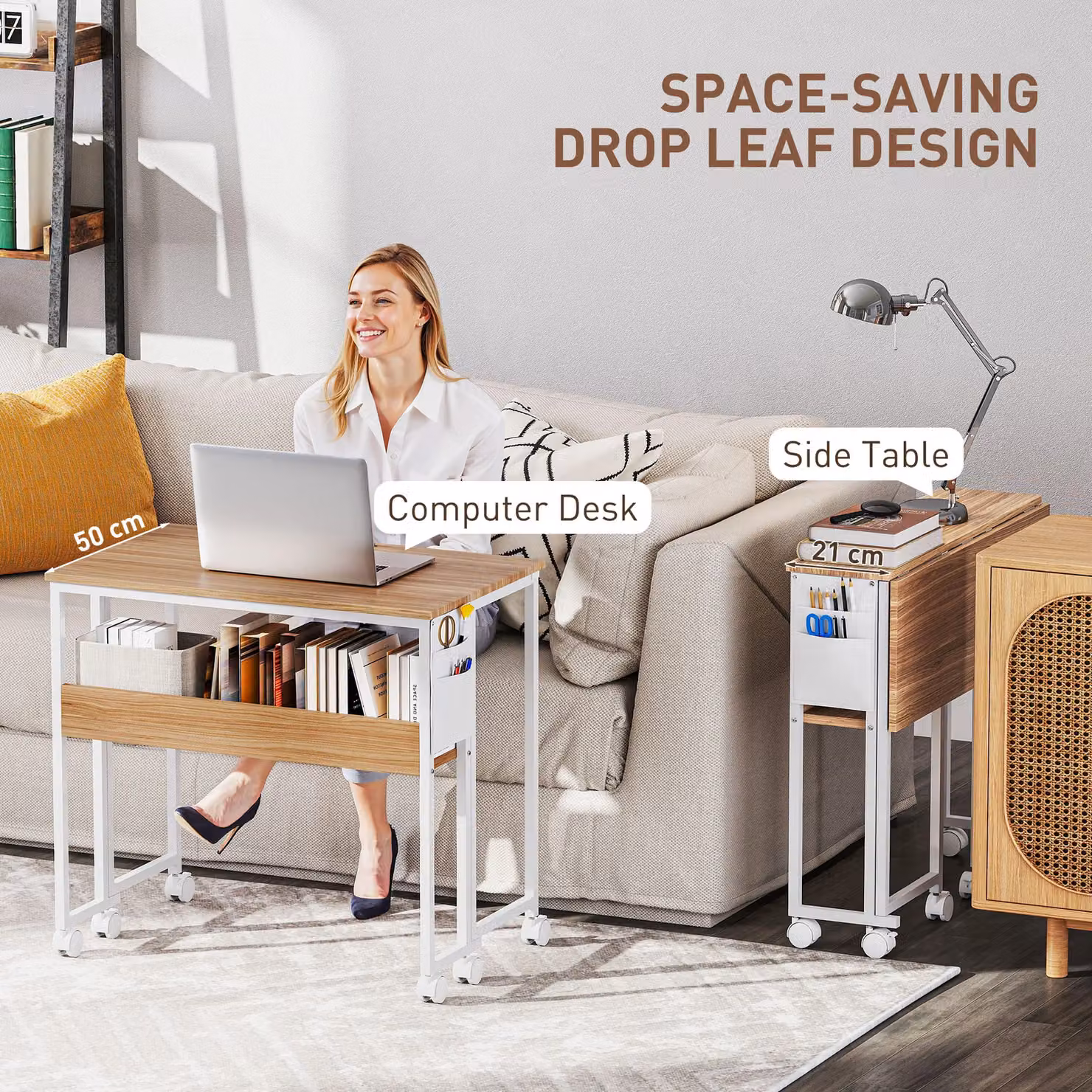 HOMCOM Foldable Computer Desk with Castors in Natural and White – 3